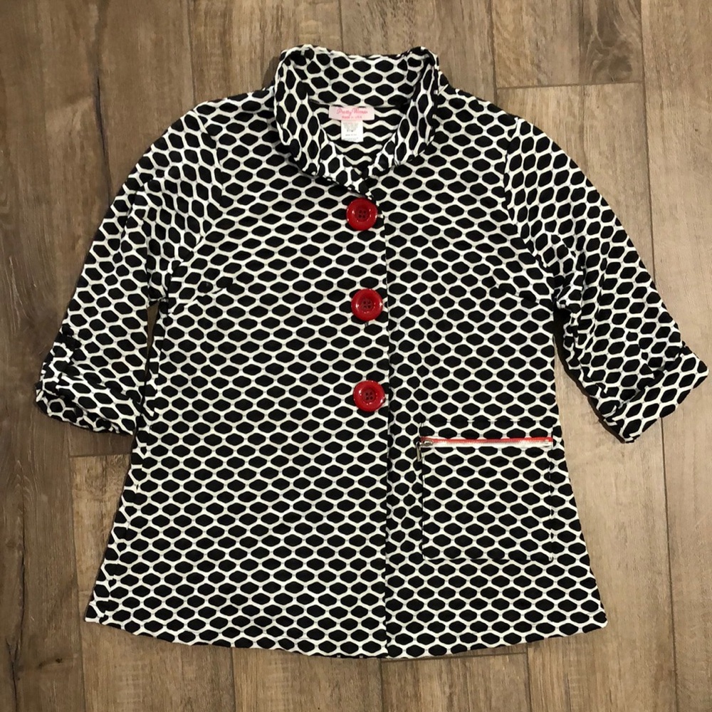 Like new - PRETTY WOMAN Chic Black and White Patterned Jacket with Red Buttons